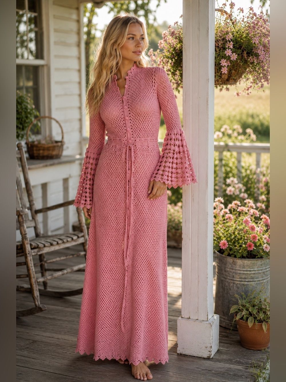 Vtg 70’s  Pink Crochet Boho Maxi Dress Bell Sleeves Heavy Open Knit Tie Waist